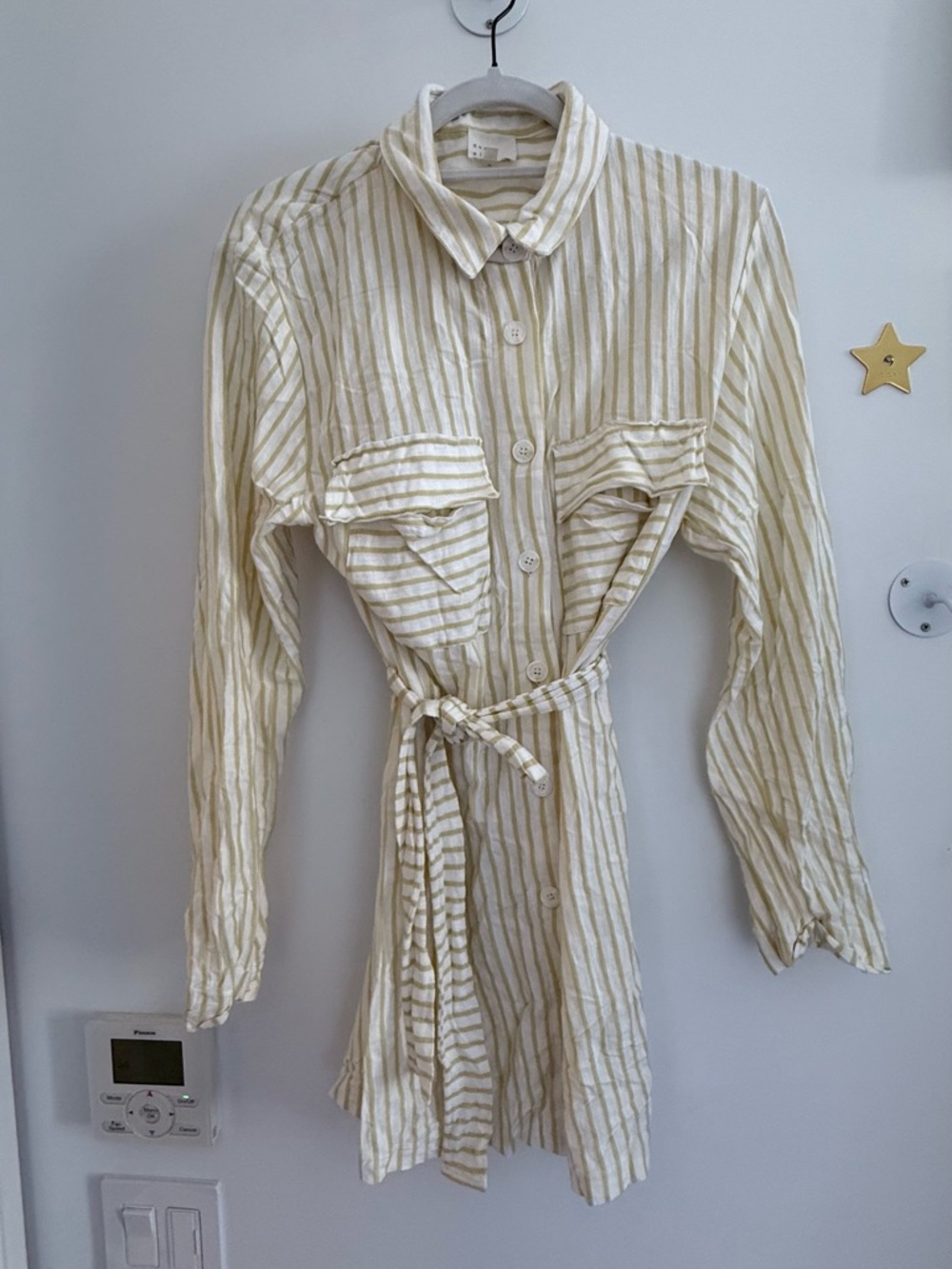 Dee Elly Striped Tie-Waist Shirt Dress in Cream and Light Olive